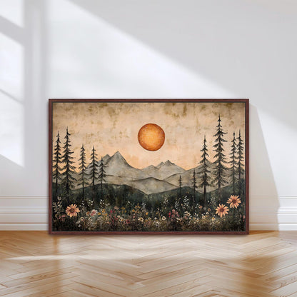 Boho Mountain Sunrise Framed Canvas Wall Art, Rustic Sun and Wildflowers Landscape Canvas Print