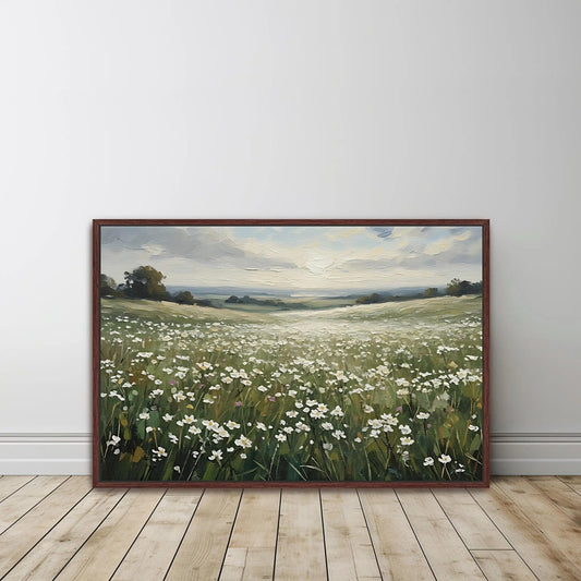 Wildflower Field Framed Canvas Wall Art, Wildflower Landscape Floral Print for Cottage