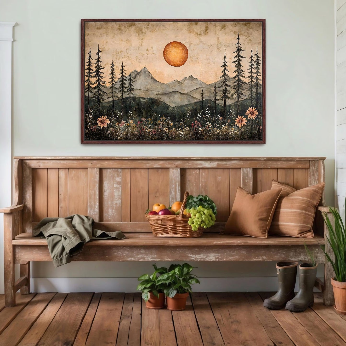 Boho Mountain Sunrise Framed Canvas Wall Art, Rustic Sun and Wildflowers Landscape Canvas Print