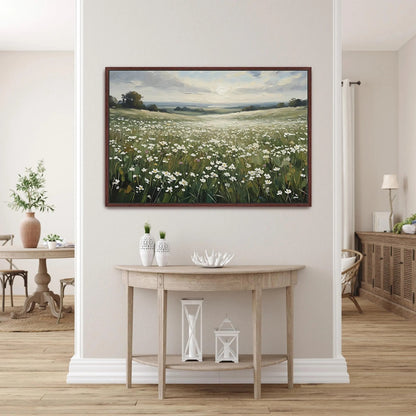 Wildflower Field Framed Canvas Wall Art, Wildflower Landscape Floral Print for Cottage