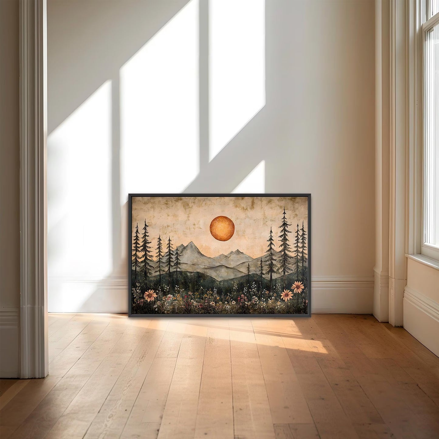 Boho Mountain Sunrise Framed Canvas Wall Art, Rustic Sun and Wildflowers Landscape Canvas Print
