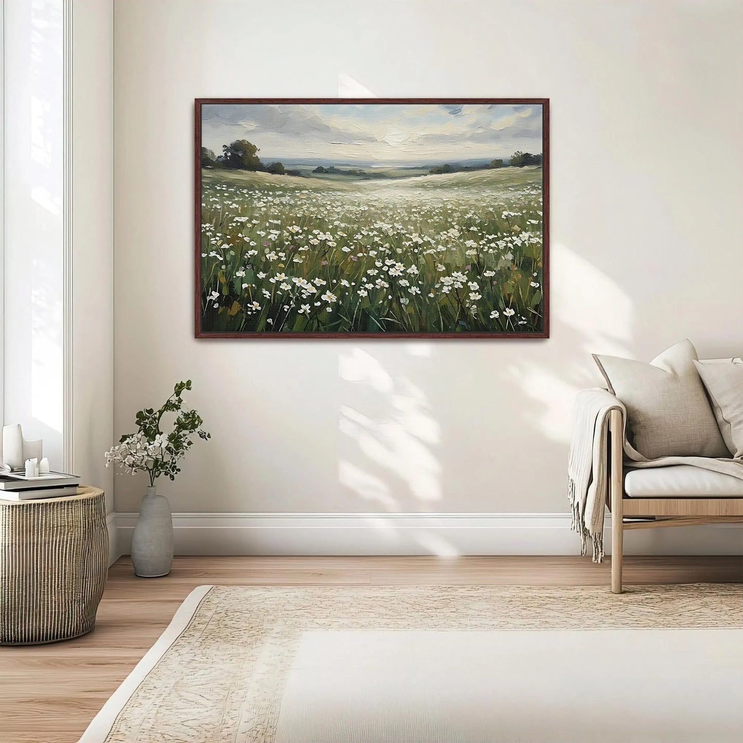 Wildflower Field Framed Canvas Wall Art, Wildflower Landscape Floral Print for Cottage