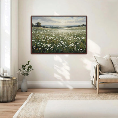 Wildflower Field Framed Canvas Wall Art, Wildflower Landscape Floral Print for Cottage