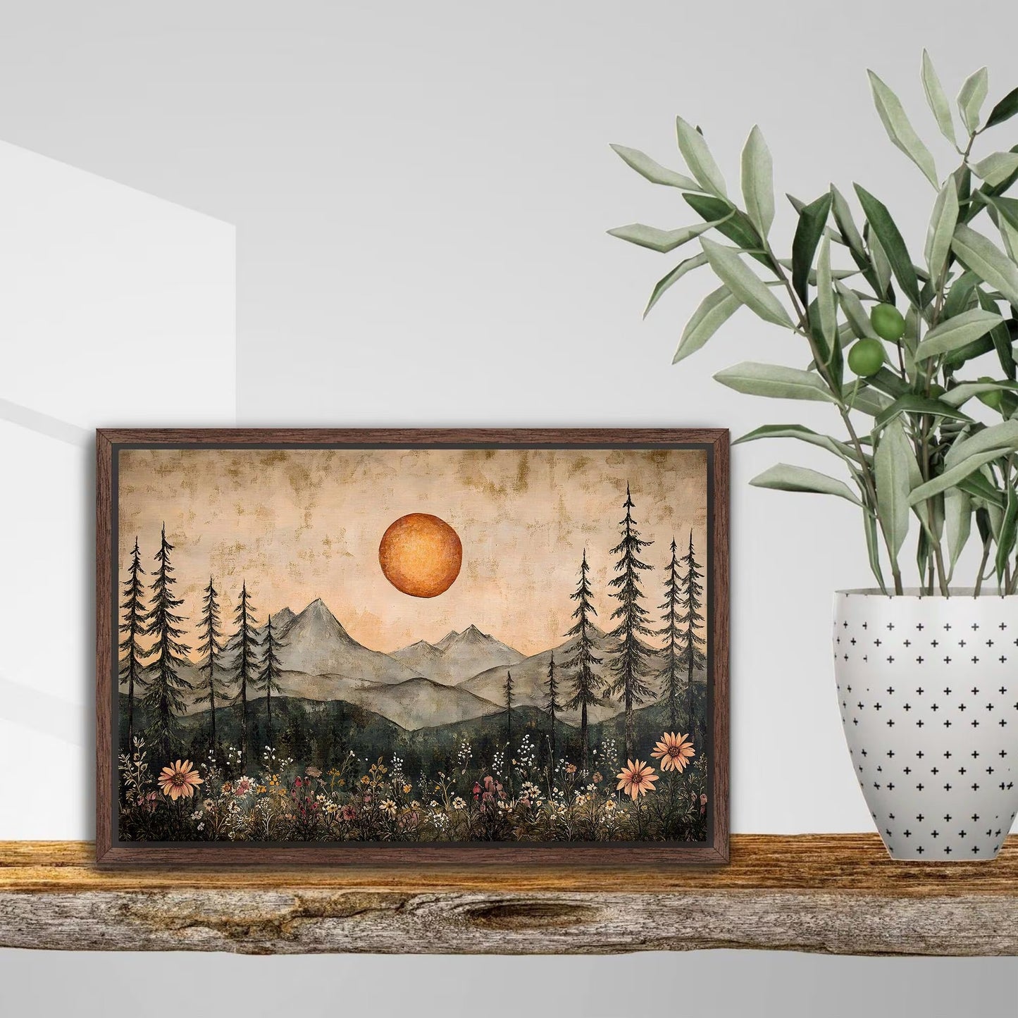 Boho Mountain Sunrise Framed Canvas Wall Art, Rustic Sun and Wildflowers Landscape Canvas Print