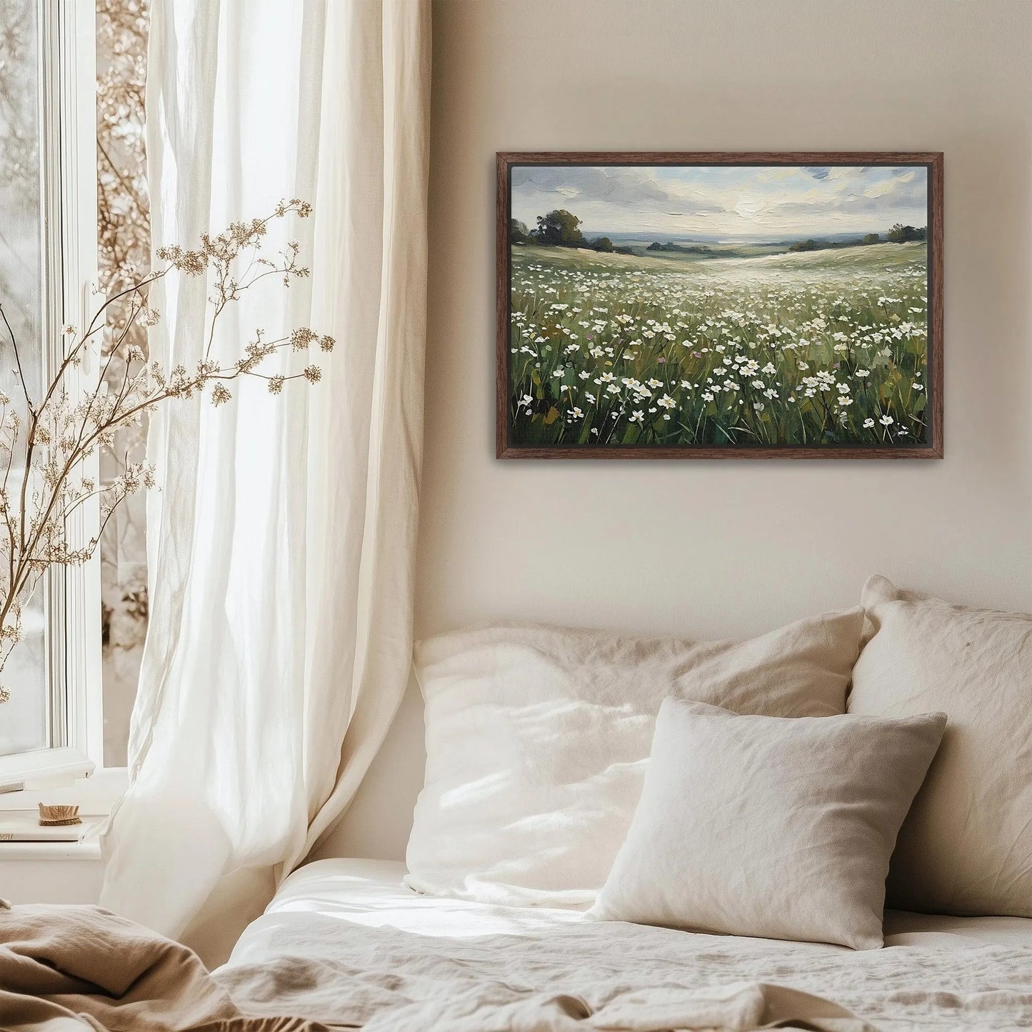 Wildflower Field Framed Canvas Wall Art, Wildflower Landscape Floral Print for Cottage