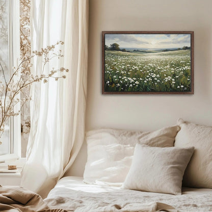 Wildflower Field Framed Canvas Wall Art, Wildflower Landscape Floral Print for Cottage