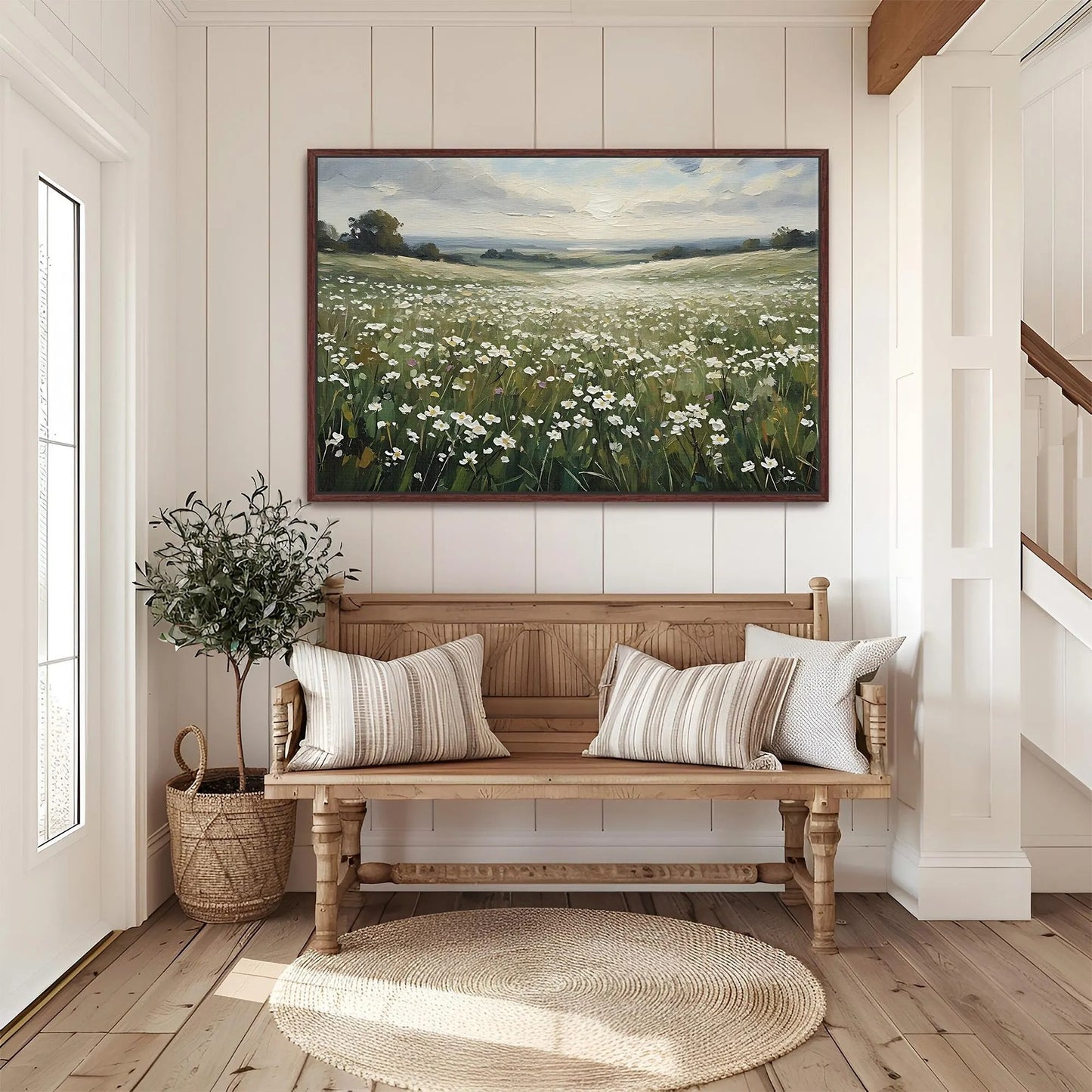 Wildflower Field Framed Canvas Wall Art, Wildflower Landscape Floral Print for Cottage