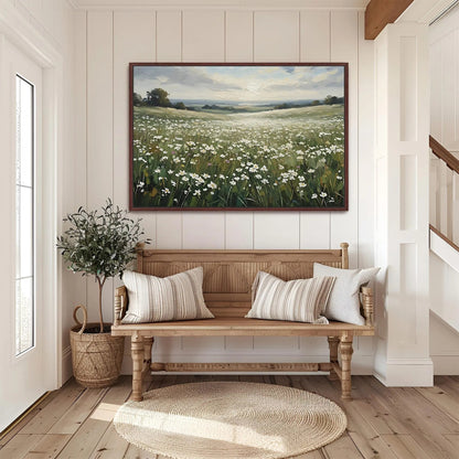 Wildflower Field Framed Canvas Wall Art, Wildflower Landscape Floral Print for Cottage
